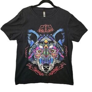 Aztec Geometric Neon Wolf Face‎ Black Graphic T-shirt Adult Size L 100% Cotton